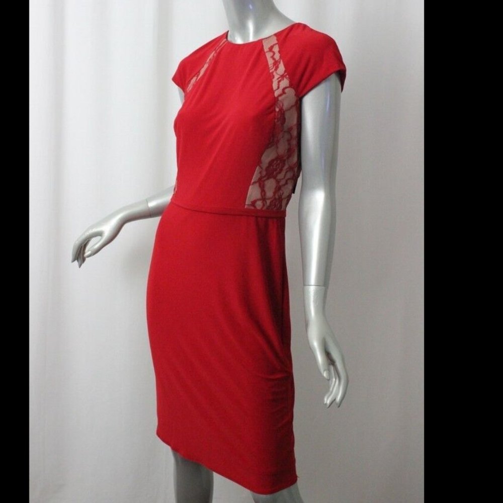 JS BOUTIQUE Red Lace Inlet Fitted Pencil Jersey Dress Size 2